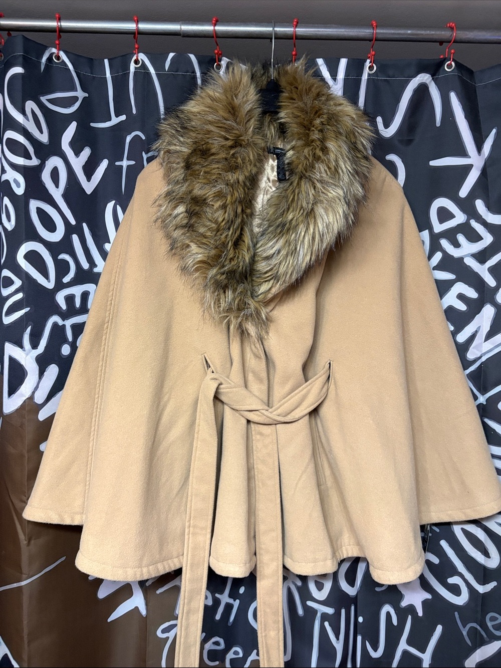 INC International Concepts Camel Belted Cape with Faux-Fur Collar